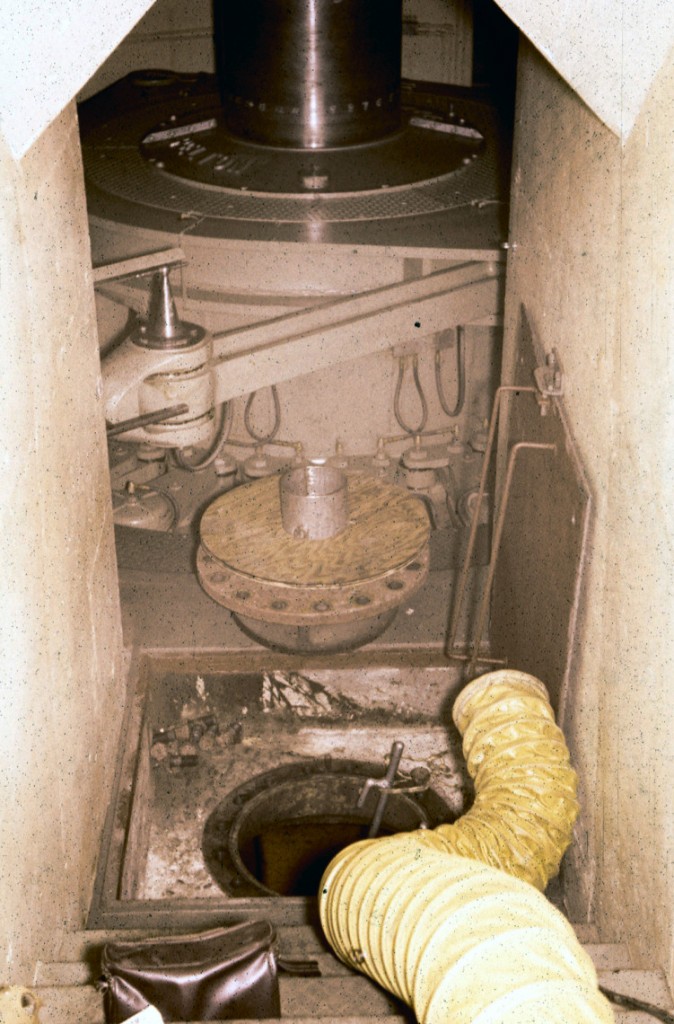 Manhole entrance into spiral case. Poe Powerhouse, Sept. 1961.